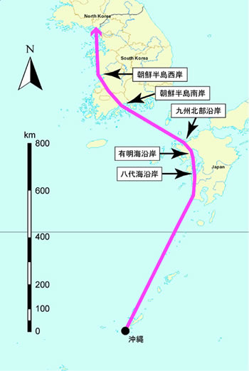 衛星追跡した渡り経路の図