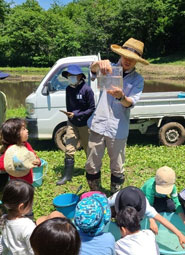 田植え体験でキンブナについて説明する