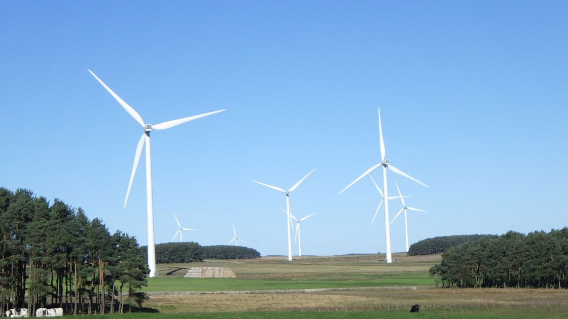 広い畑の中に8基の風力発電施設が並ぶ風景