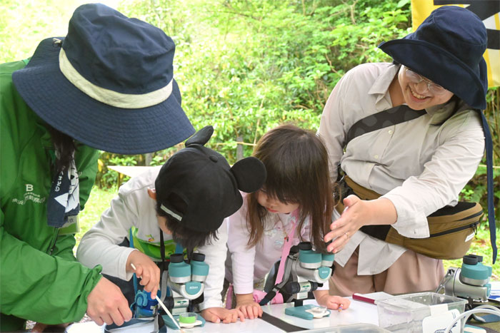 子どもたちが顕微鏡で観察をするようす"