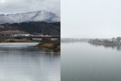 晴天時と雨天時の笹森丘陵の視界（冬期の一例）