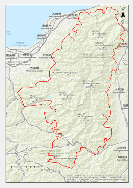 新潟県：糸魚川市 富山県：黒部市、魚津市、富山市、上市町、立山町、朝日町、入善町 長野県：大町市、松本市、安曇野市、小谷村、白馬村、松川村 岐阜県：飛騨市、高山市
