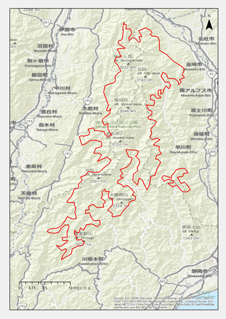 山梨県：北杜市、南アルプス市、韮崎市、早川町、身延町、南部町 長野県：飯田市、富士見町、伊那市、大鹿村 静岡県：静岡市、浜松市、川根本町