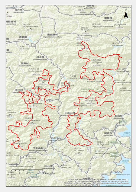 三重県：松阪市、尾鷲市、熊野市、紀北町、大台町 奈良県：五條市、川上村、天川村、十津川村、下北山村、上北山村、東吉野村