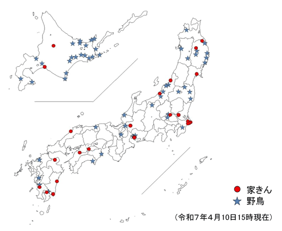令和6年度 国内における高病原性及び低病原性鳥インフルエンザ発生状況（令和7年4月10日15時時点）