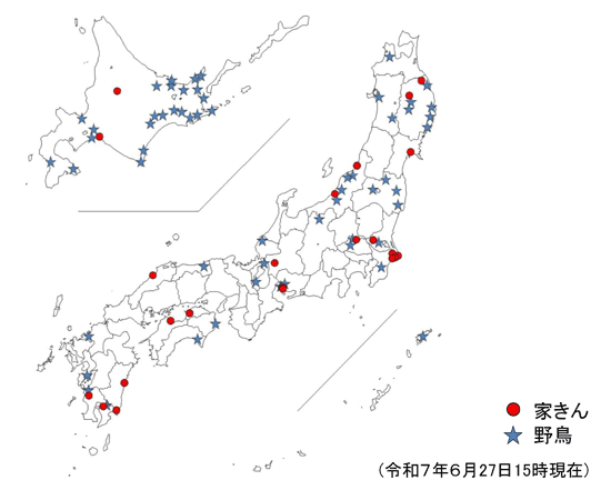 令和6年度 国内における高病原性及び低病原性鳥インフルエンザ発生状況（令和7年6月27日15時時点）
