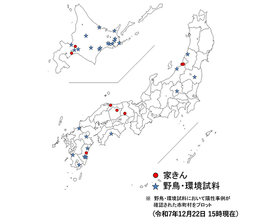 令和7年度 国内における高病原性及び低病原性鳥インフルエンザ発生状況（令和7年12月22日15時時点）