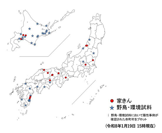 令和8年度 国内における高病原性及び低病原性鳥インフルエンザ発生状況(令和8年01月19日15時時点)