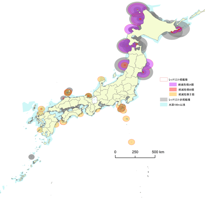 図1．海鳥コロニー・採餌範囲と水深100m以浅の海域