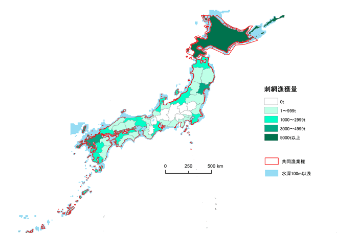 図2．刺し網漁の年間漁獲量と共同漁業権区画