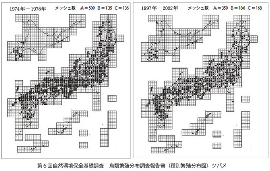 第６回自然環境保全基礎調査　鳥類繁殖分布調査報告書（種別繁殖分布図）ツバメ